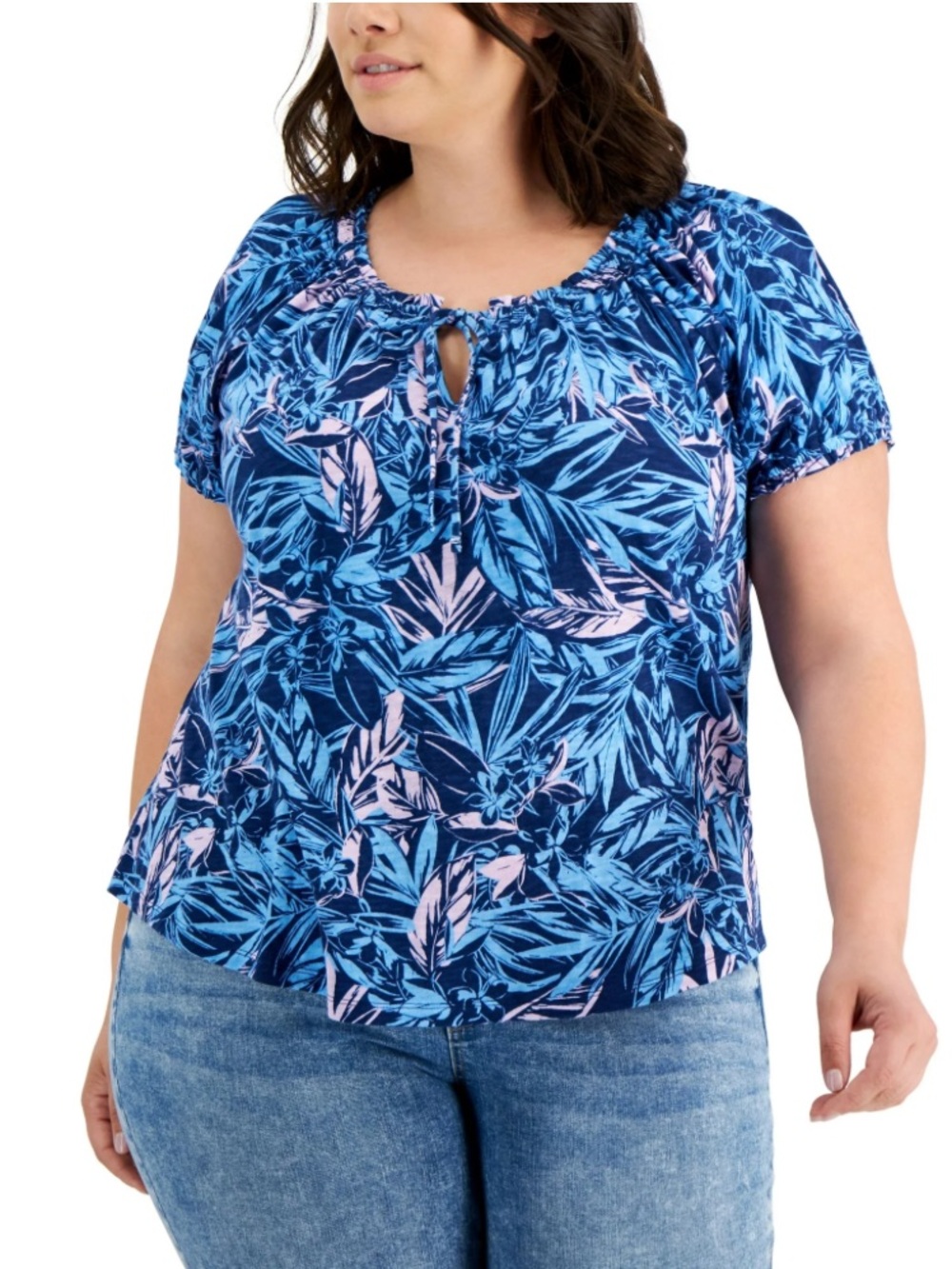 NEW! Style & Co Plus Size Top Leaf Printed Puff Sleeve Blue Light Pink Size 3X